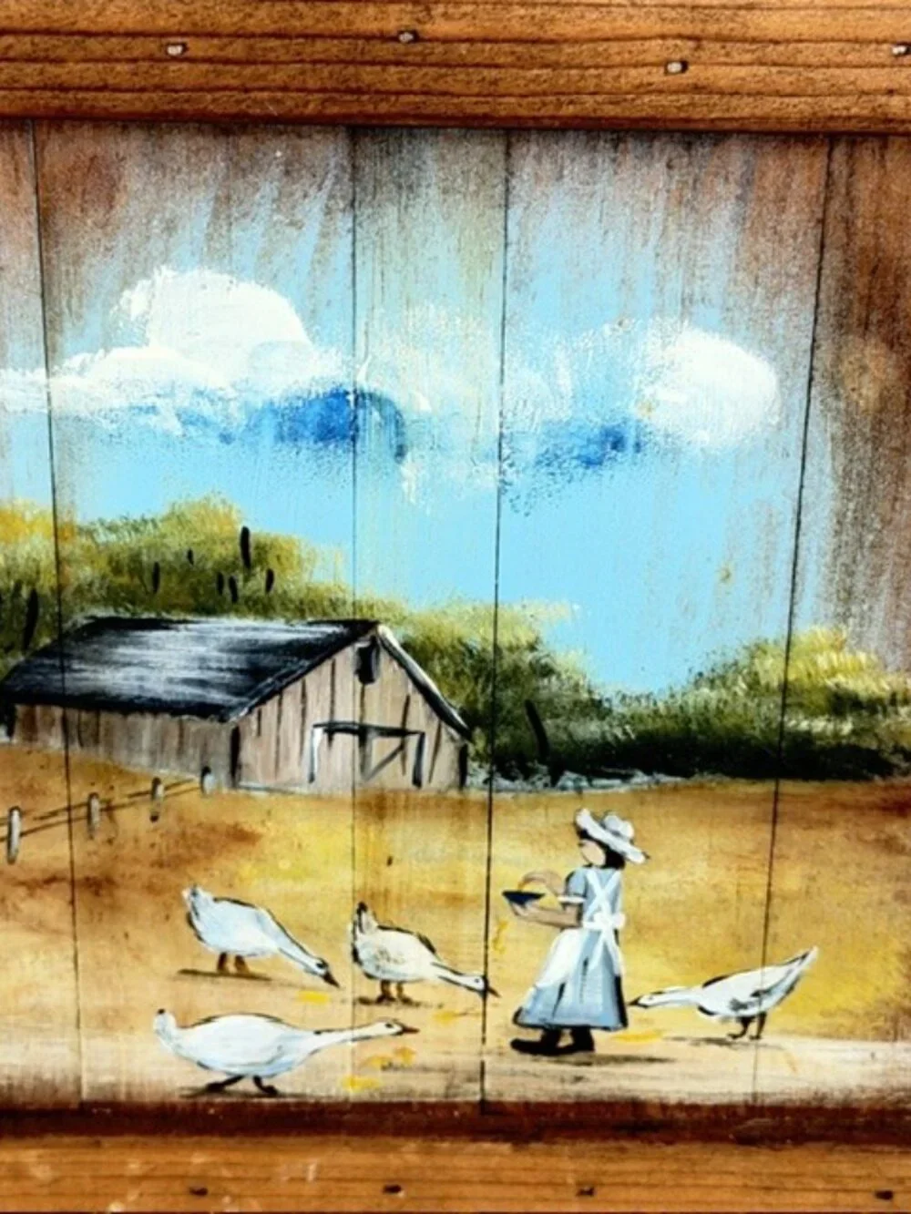 Country Geese Hand Painted Wooden Wall Plaque Farm Girl Ducks Butter Churn 20